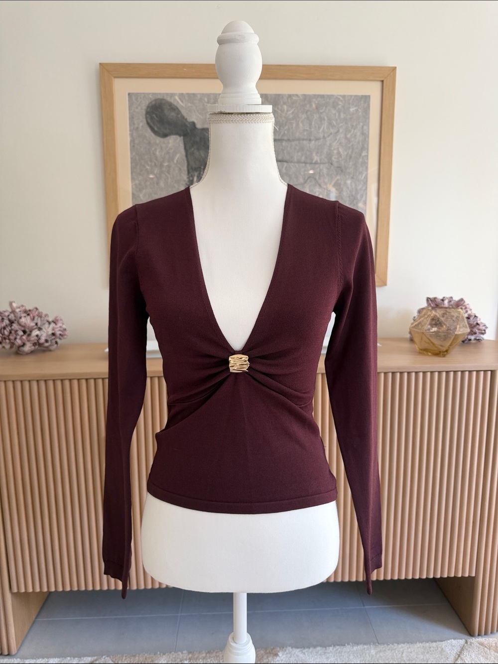 Meshki Deep V Twist Long Sleeve Top - Burgundy with Gold Accent